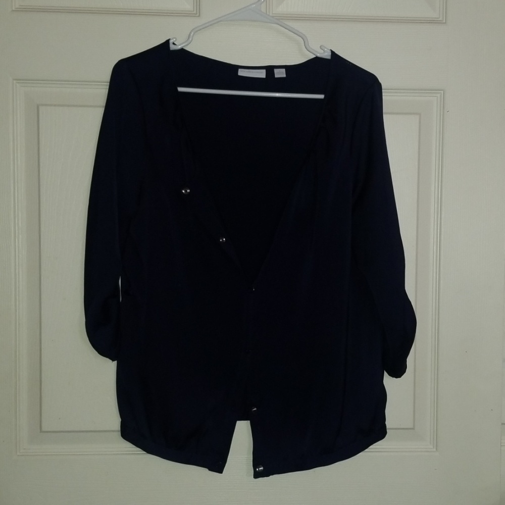 S Navy blue sheen 3/4 button up blouse